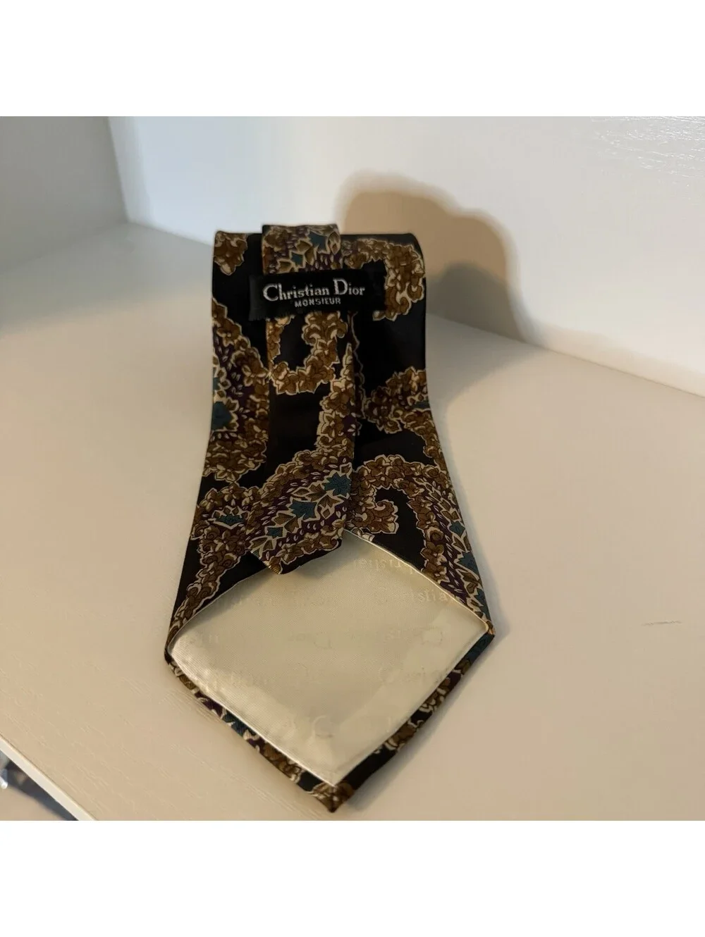 Christian Dior Monsieur Men’s Silk Tie Paisley Floral Black Brown 58” Vintage